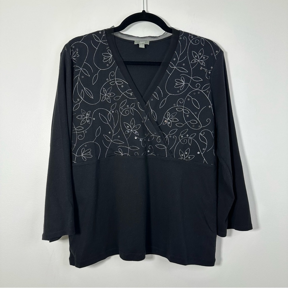 J. Jill 100% Cotton Black Sequined Surplice Y2K Blouse Size L